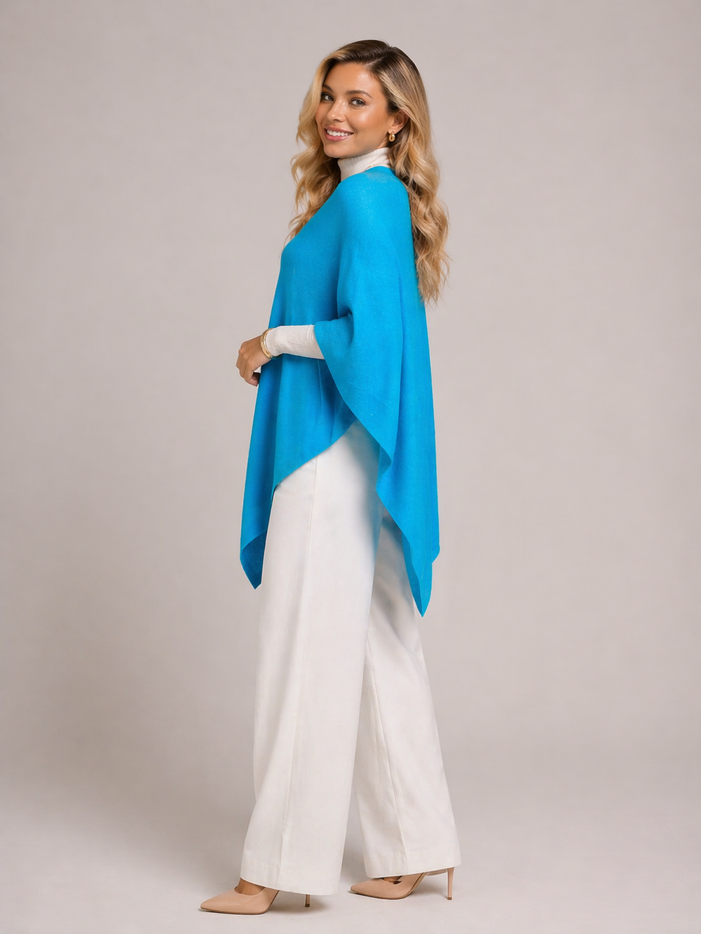 Blue V Neck Julian 100% Cashmere Poncho