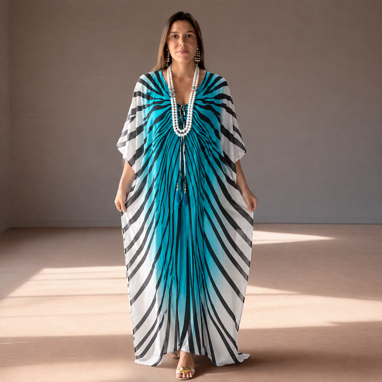 Luxe Silk Azure Zebra Maya Kaftan. Sizes Available AU 14-28