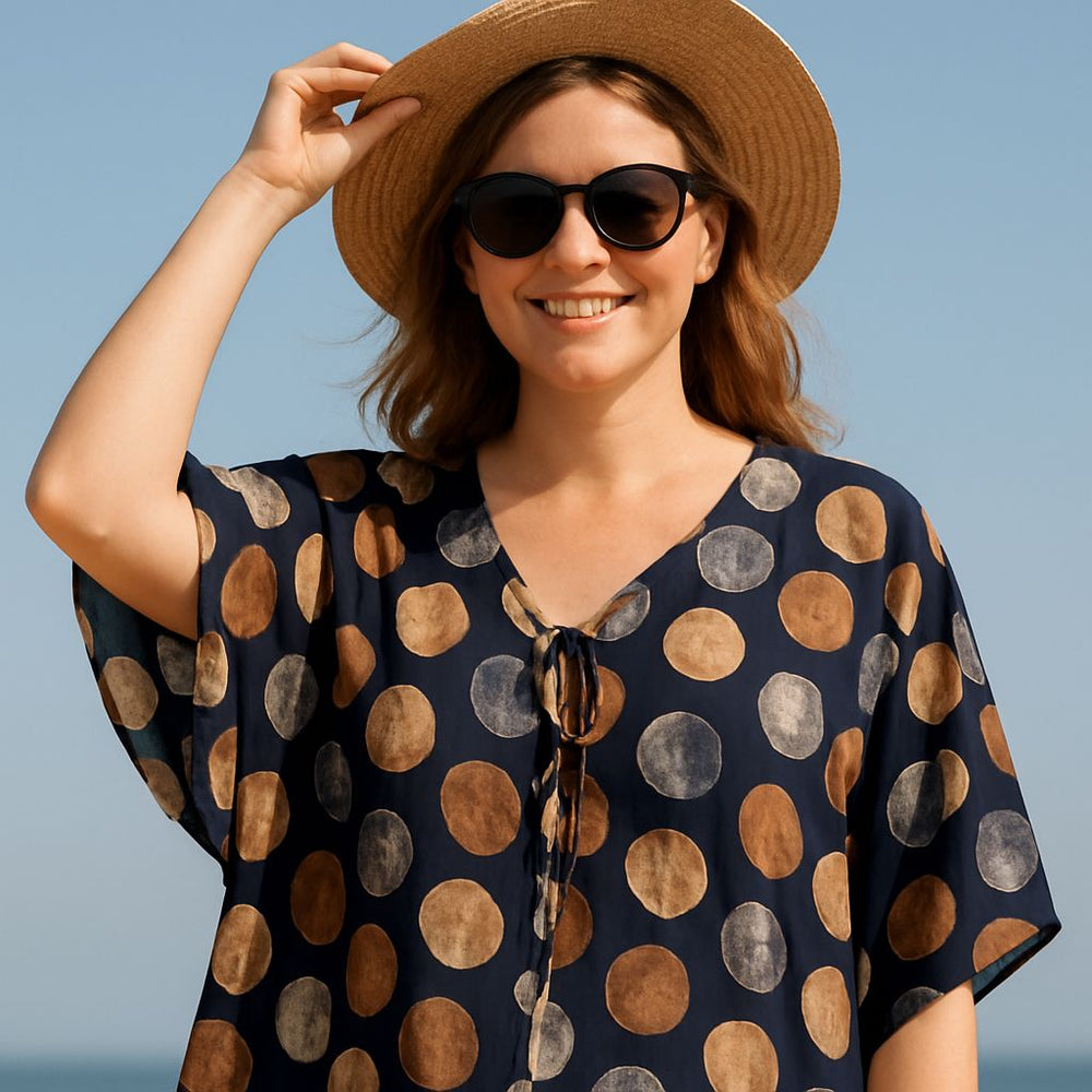 Maya Navy Blue Dotted Short Kaftan Top Tunic Sizes Available AU 14-30