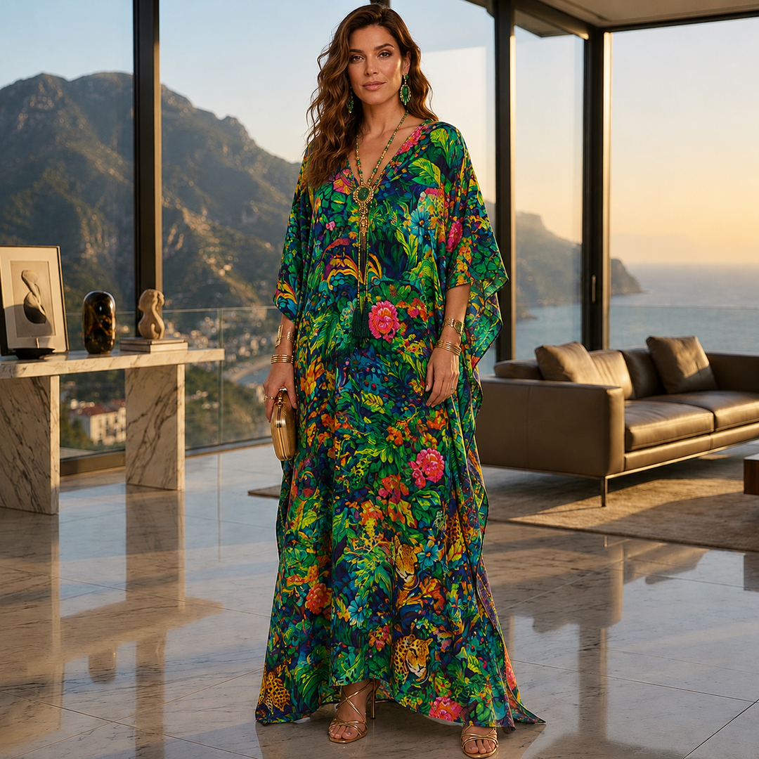 Luxe Silk Tropical Green Coco Bella Kaftan. Sizes Available AU 14-28