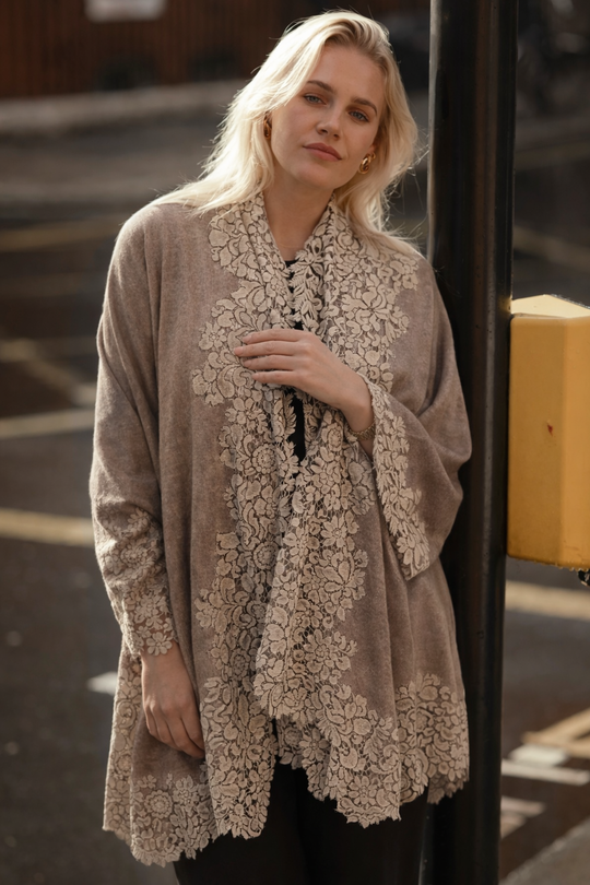 Natural Julian 100% Cashmere Knitted Oversized Cape Shawl with Lace
