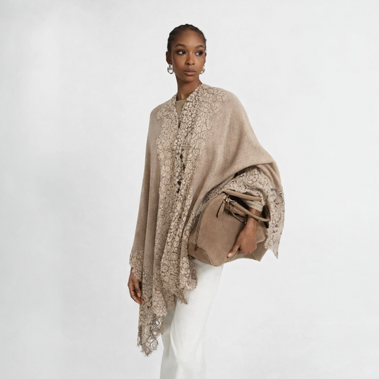 Natural Julian 100% Cashmere Knitted Oversized Cape Shawl with Lace