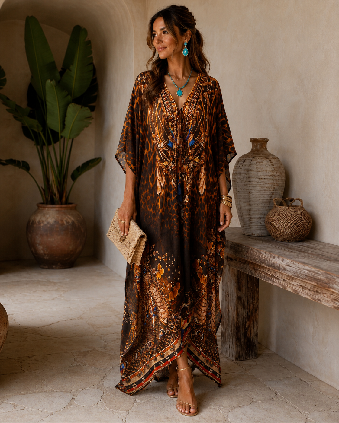 Coco bella Luxe Silk Black Brown Kaftan. Sizes Available AU 14-28