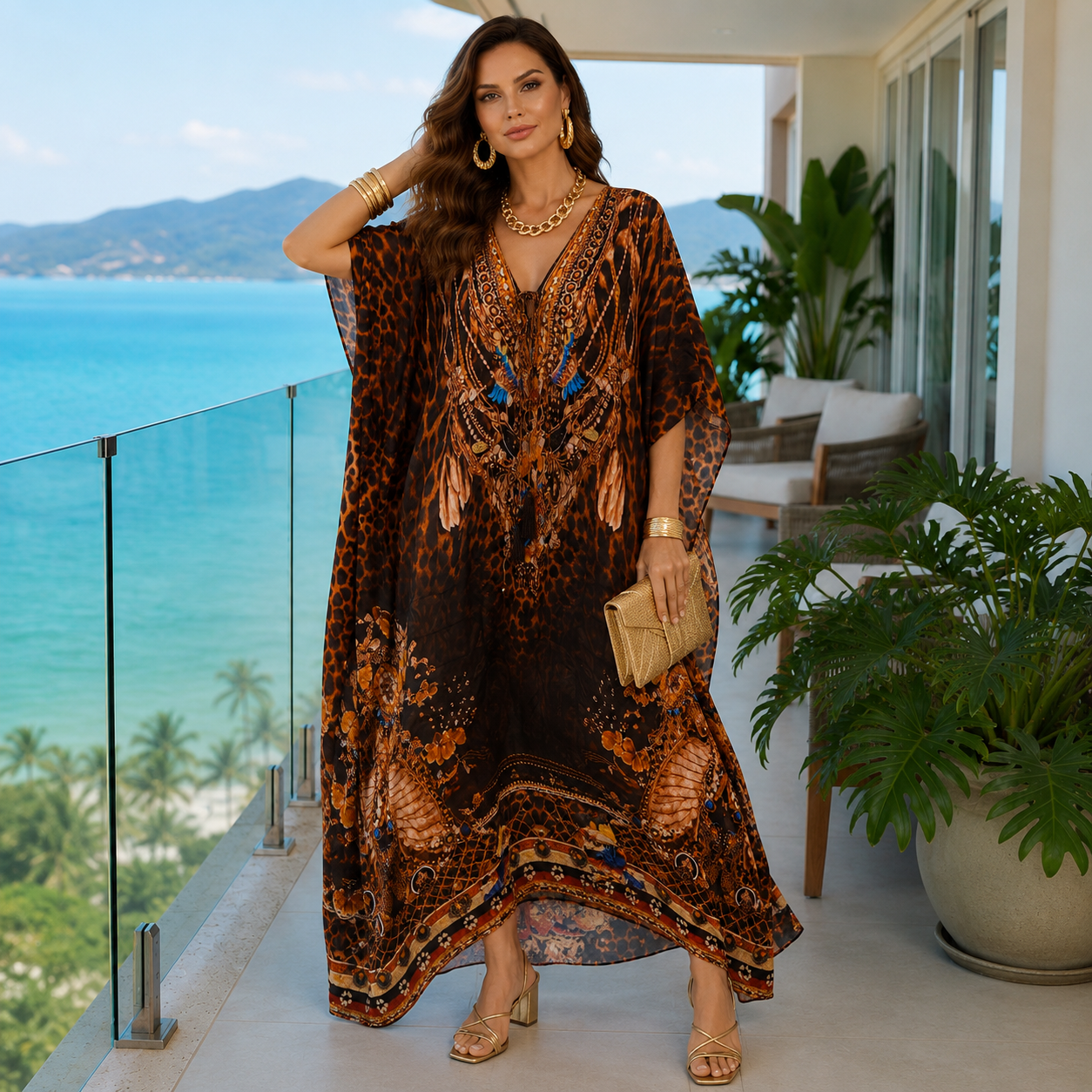 Coco bella Luxe Silk Black Brown Kaftan. Sizes Available AU 14-28