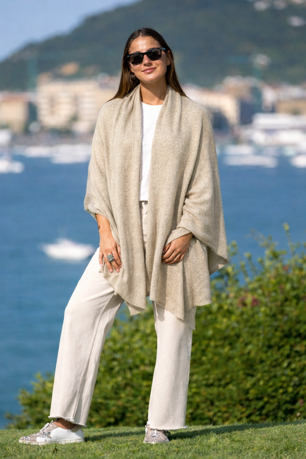 Crème Grainy 100% Cashmere Knitted Julian Travel Wrap/ Scarf