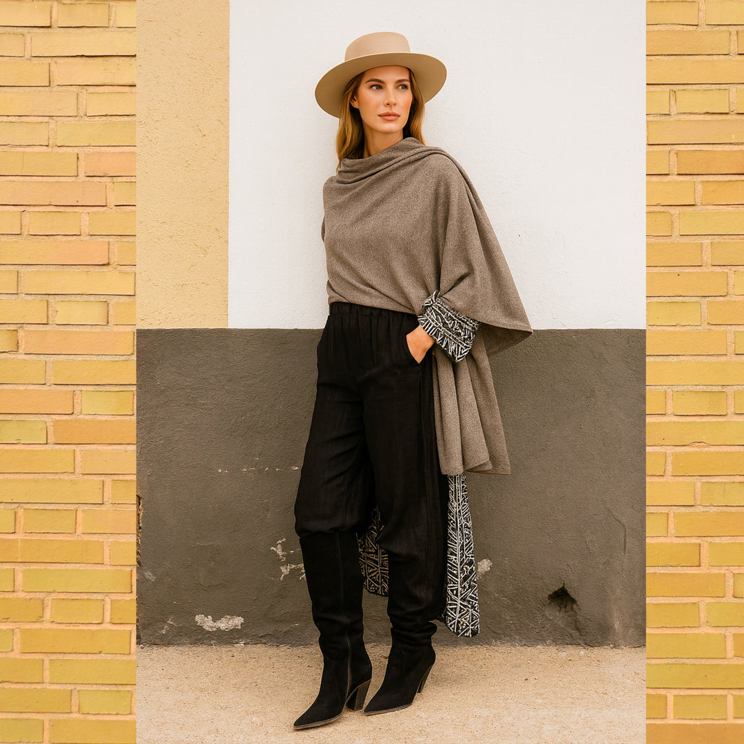 Greish Taupe Julian 100% Knitted Cashmere Extra large Travel Wrap/Shawl