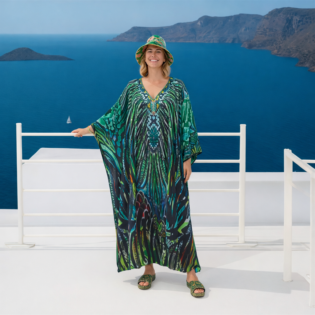 Foressa Royals Maya Silk Mix Bling Kaftan.         Sizes Available AU 16-32