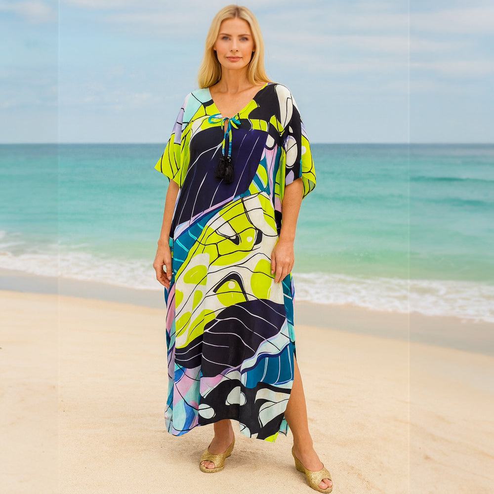 Maya Rayon Cool Breezy Tropical Kaftan. Sizes Available AU 8-32