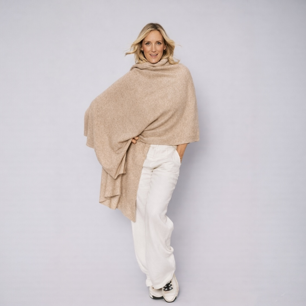 Beige Julian 100% Cashmere Knitted 2 Ply  Extra large Travel Wrap/Shawl