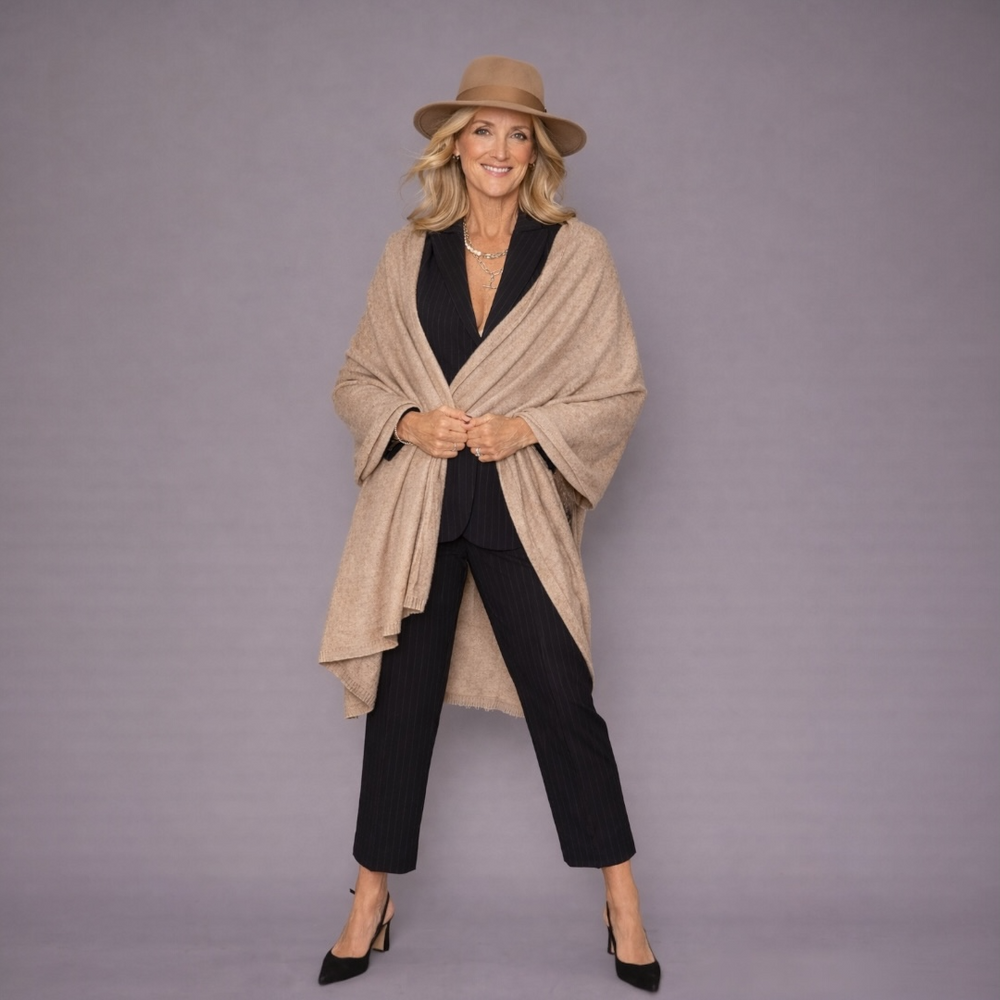 Beige Julian 100% Cashmere Knitted 2 Ply  Extra large Travel Wrap/Shawl