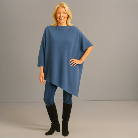 Denim Blue Julian 100% Cashmere Knitted Poncho