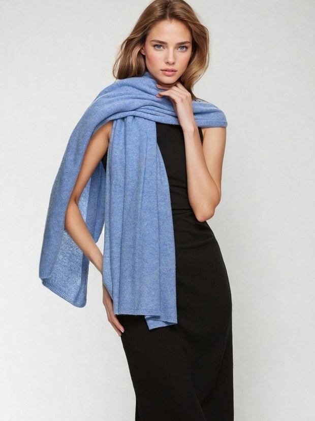 Blue 100% Cashmere 2 ply knitted Julian Travel Wrap