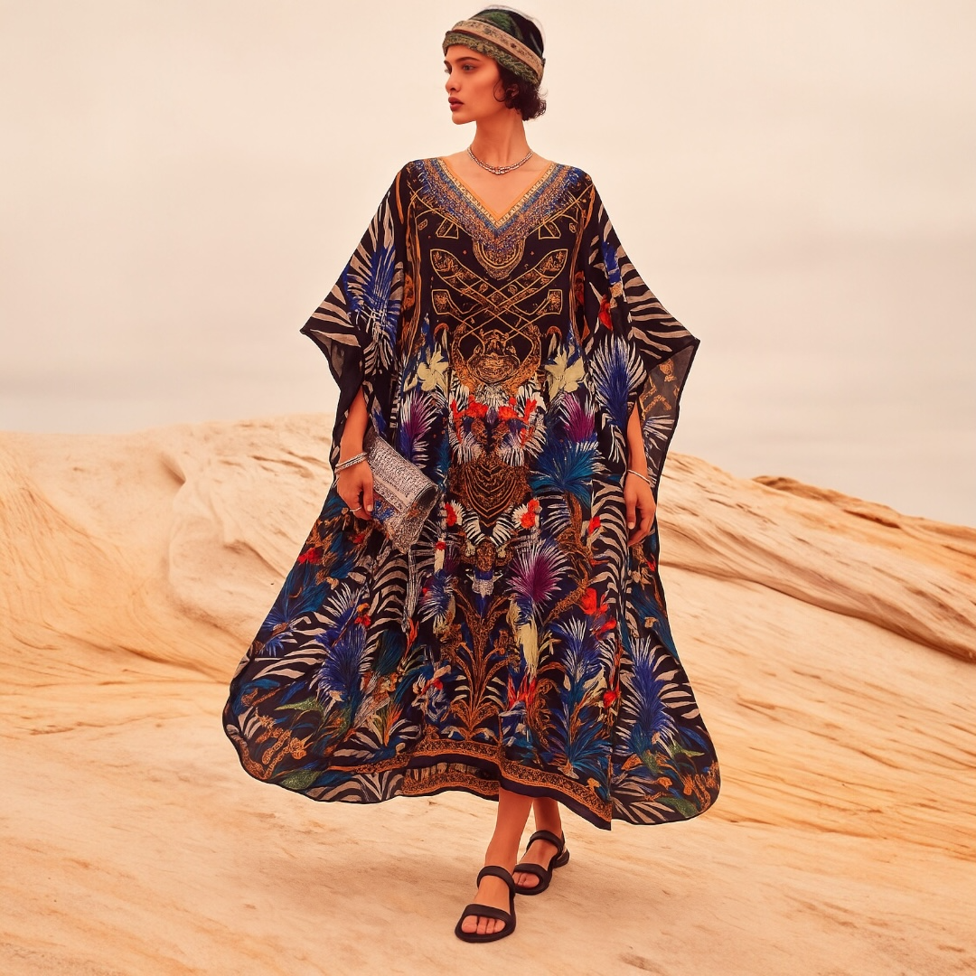 Black Maya Silk Mix Bling Kaftan.         Sizes Available AU 12-32