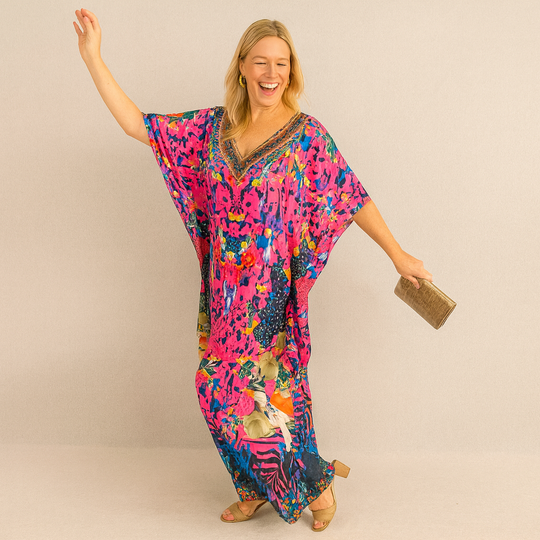 Royal Micaso Maya Silk Mix Bling Kaftan.         Sizes Available AU 12-32