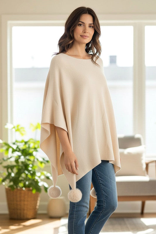 Ivory Pom Pom Free Size Cape Poncho