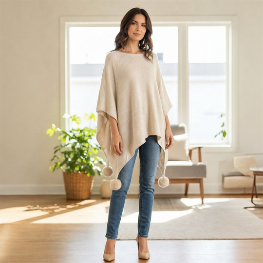 Ivory Pom Pom Free Size Cape Poncho