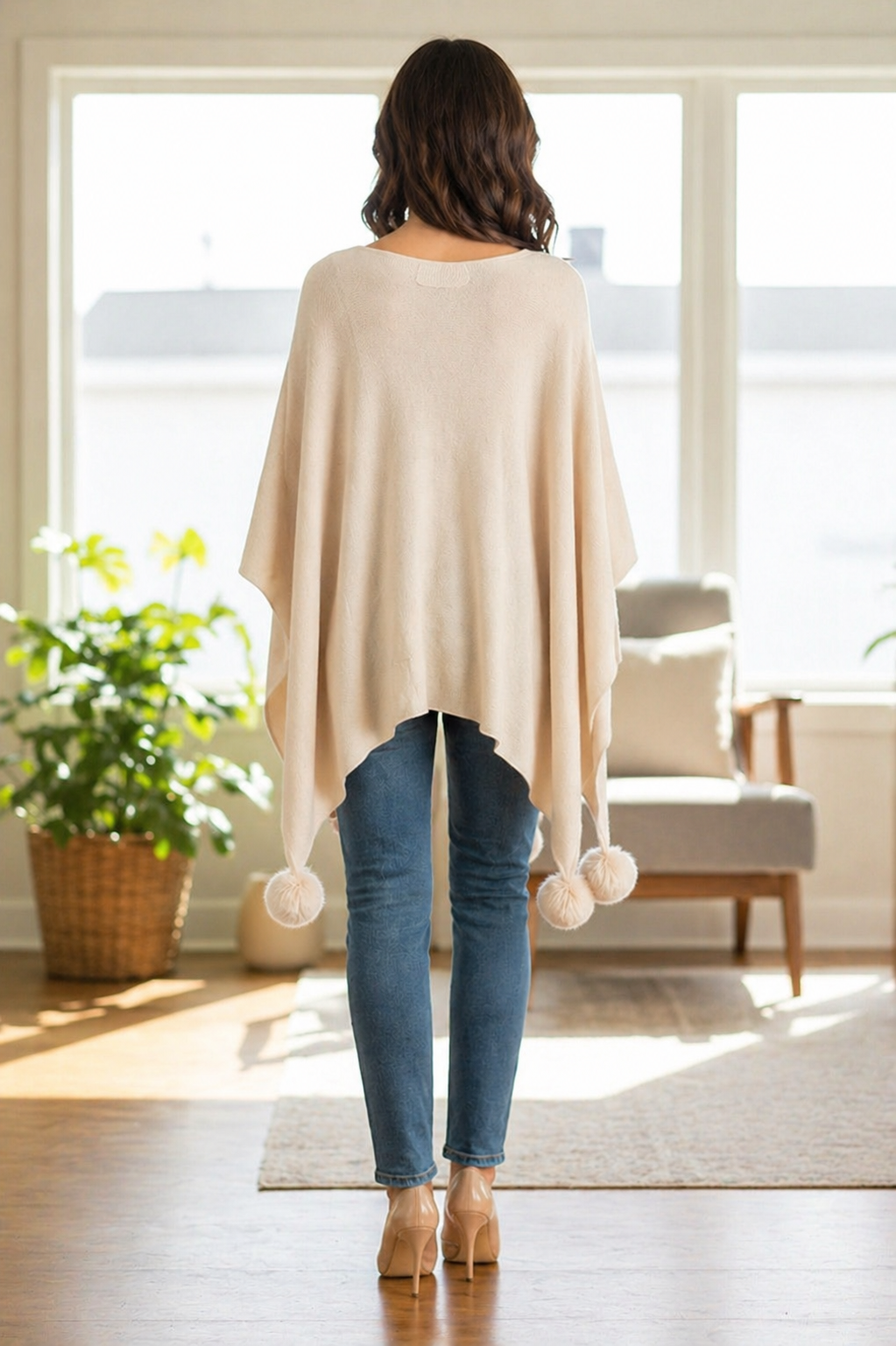 Ivory Pom Pom Free Size Cape Poncho