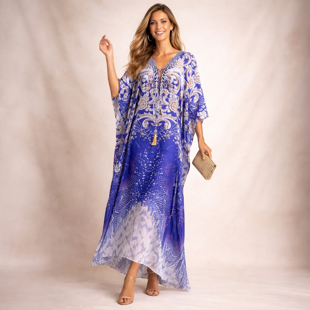Coco Bella Silk White Ocean kaftan-Sizes Available AU 12-28