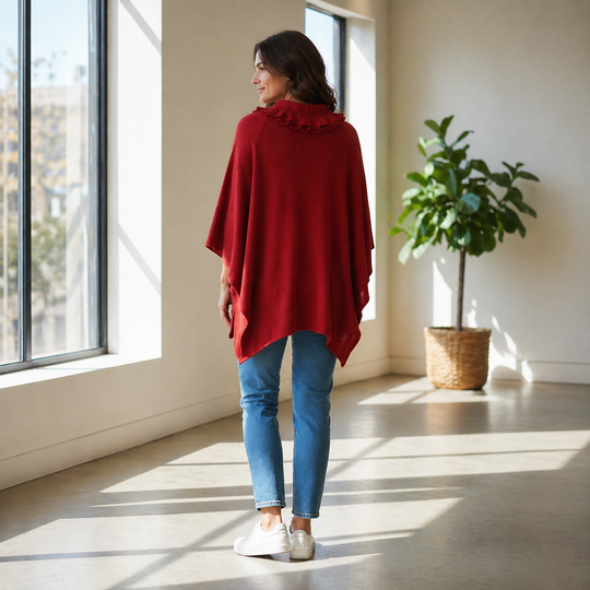 Burgundy Free Size Cape with Ruffle Trim