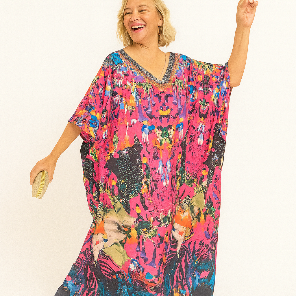 Royal Micaso Maya Silk Mix Bling Kaftan.         Sizes Available AU 12-32