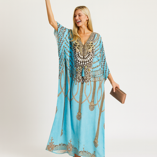 Blue Jeweled Silk Luxurious Coco Bella kaftan 12-20