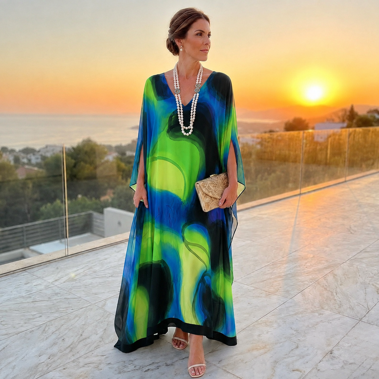Maya Green Black Swirl Tropical Kaftan Dress - Sizes Available AU 12-32
