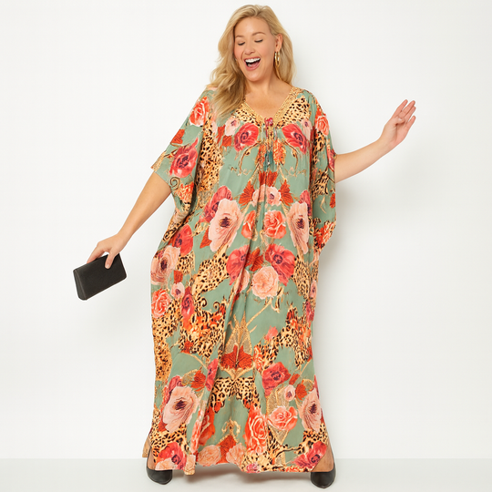 Maya Silk Mix Kaftan,Front tie with embellishments-Sizes AU 12-32