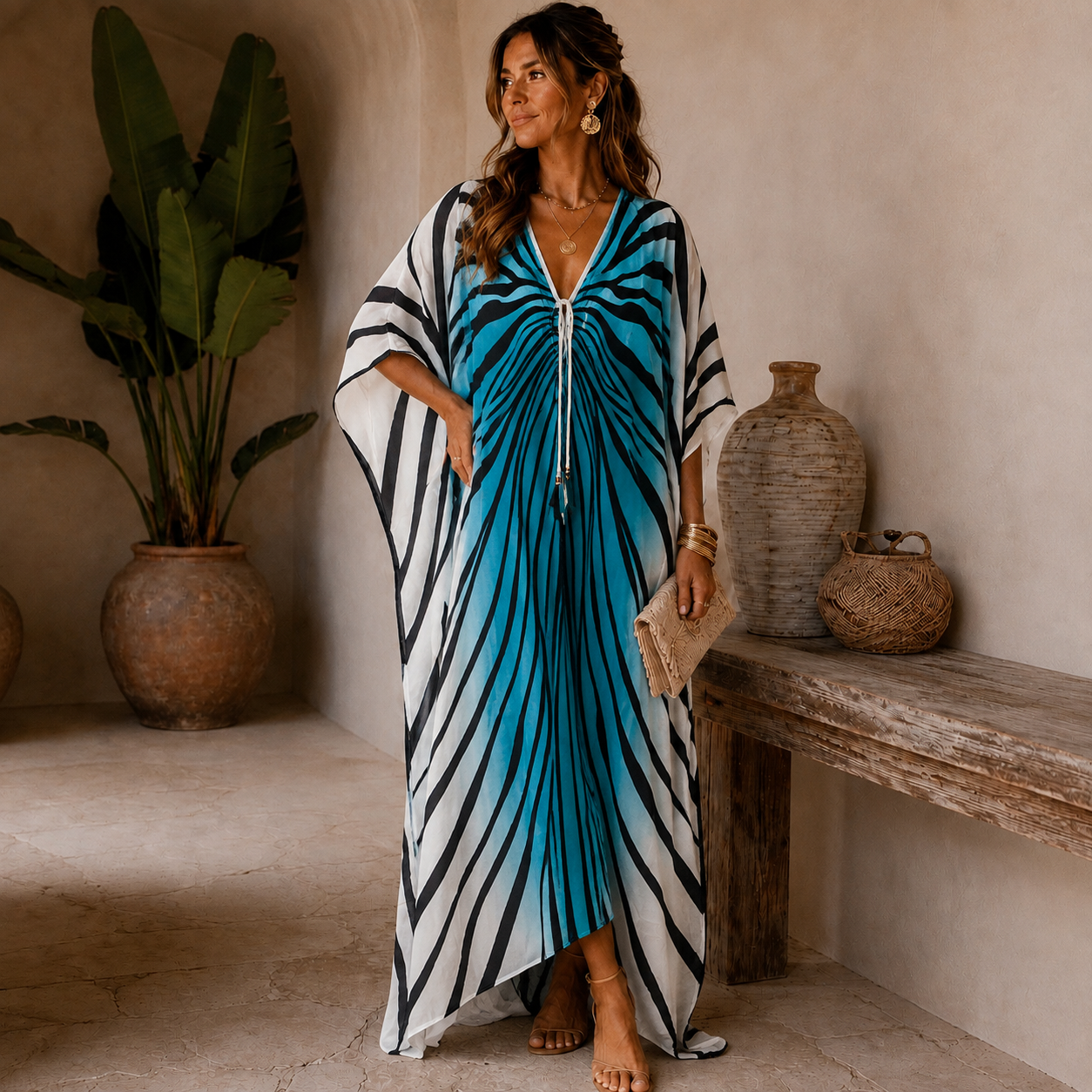 Luxe Silk Azure Zebra Maya Kaftan. Sizes Available AU 14-28