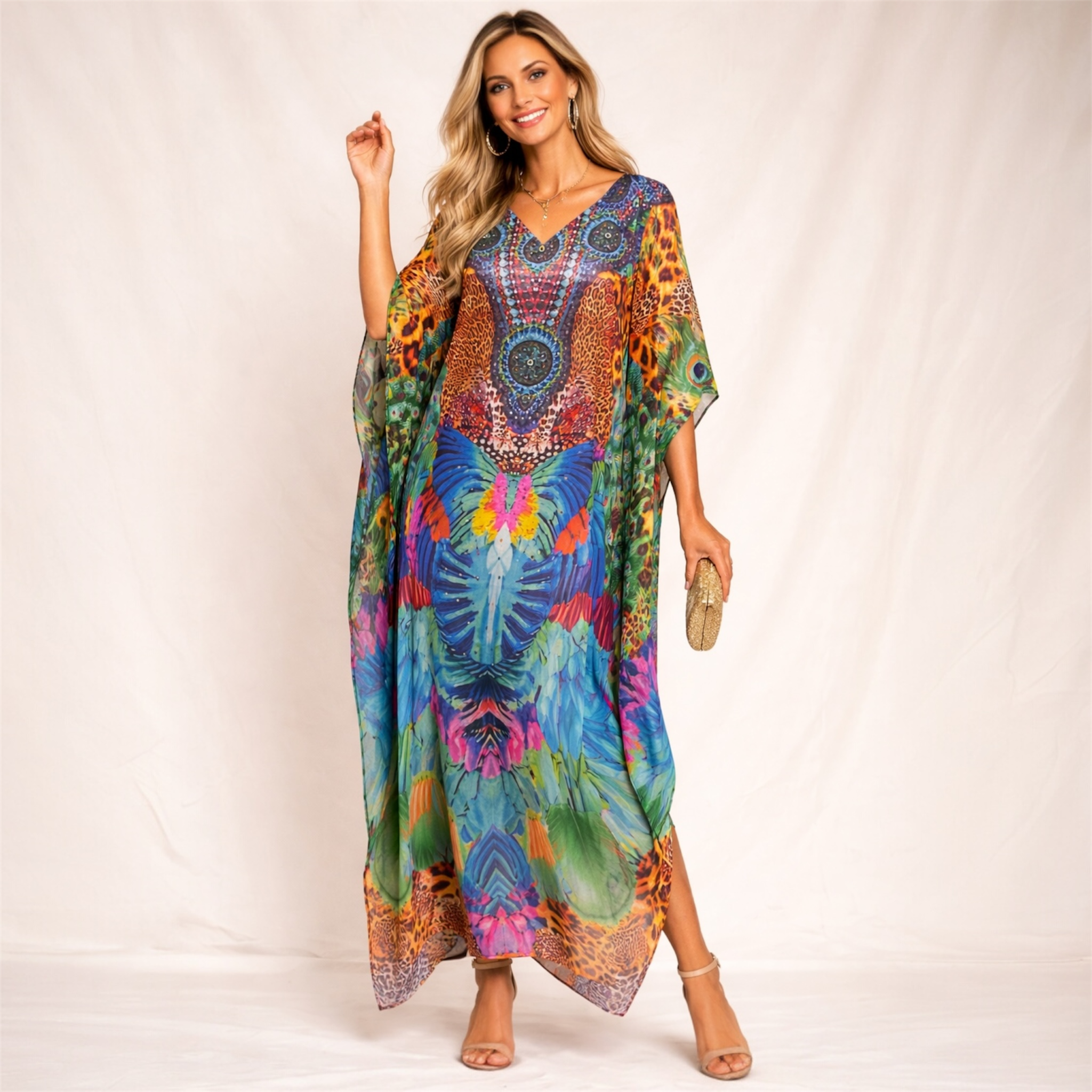 Maya Silk Mix Bling Kaftan.         Sizes Available AU 16-30