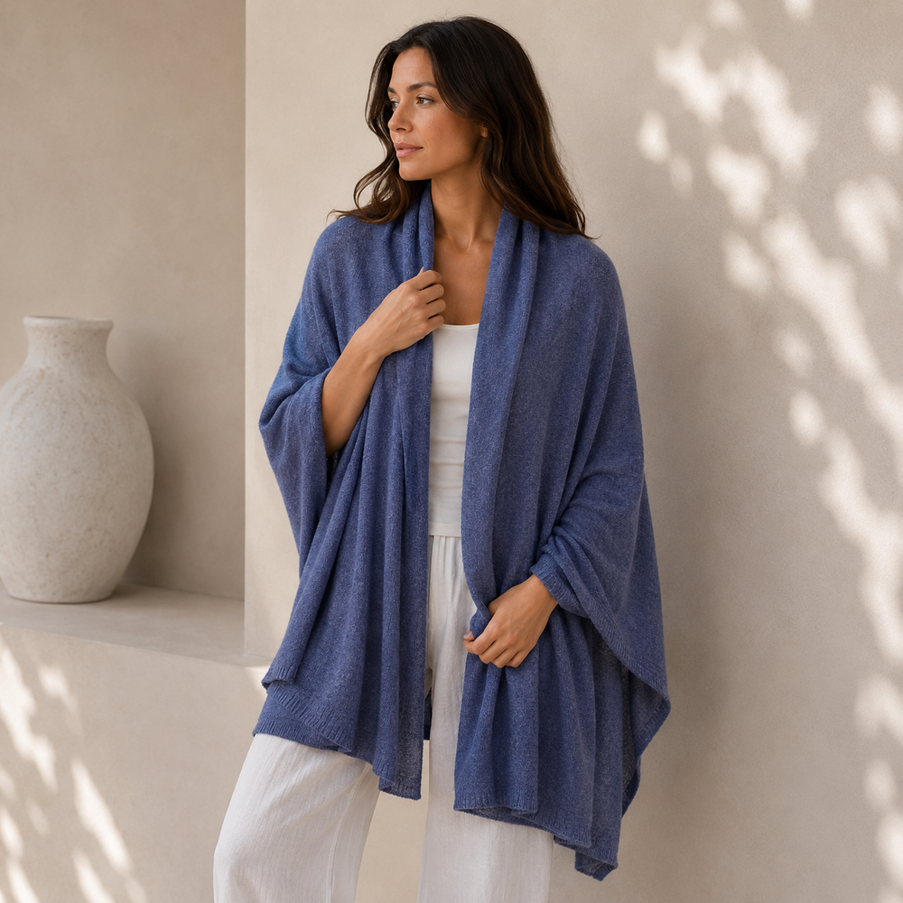 Julian 100% Cashmere Knitted 2 Ply  Extra large Travel Wrap/Shawl-Denim Mélange
