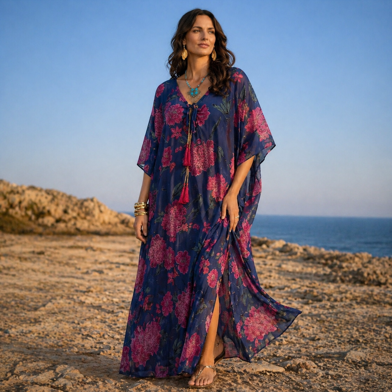 Maya Navy Boho Cotton Rayon kaftan  - Sizes Available AU 16-30