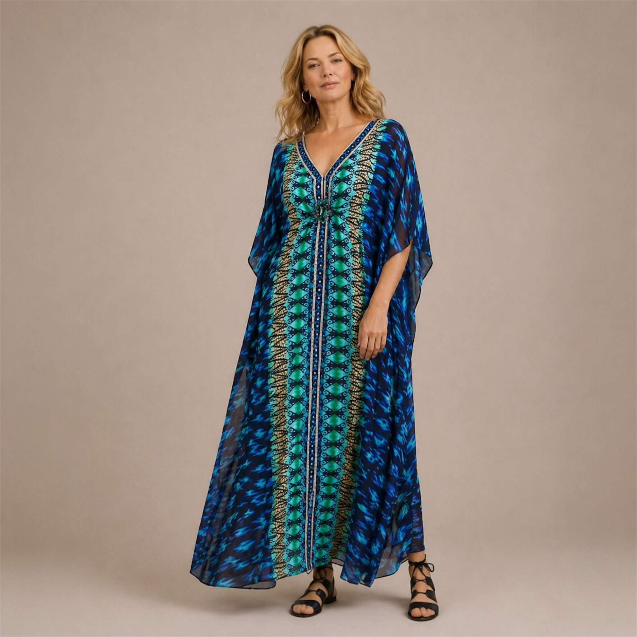 Maya Blue Geo Tropical Boho kaftan - Sizes -AU 14-30