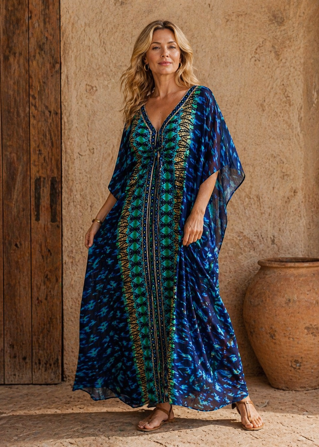 Maya Blue Geo Tropical Boho kaftan - Sizes -AU 14-30