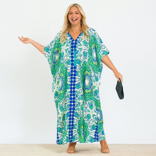 Sea Green Blue Hues Rayon Maya Kaftan-Sizes Available AU 10-30