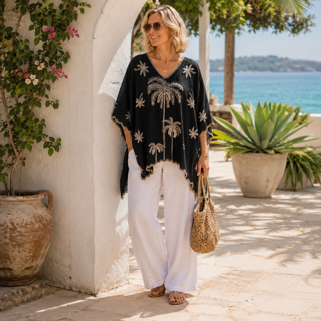Black Palms Embroidered Maya Top Tunic Kaftan O/S 14-22