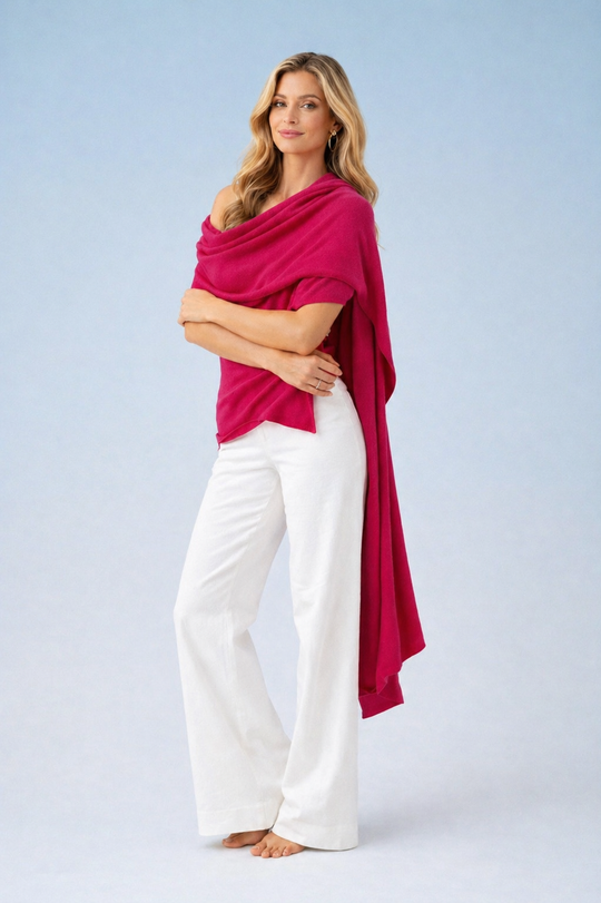 100% Cashmere 2 ply Julian Travel Wrap/ Scarf  - Bright Raspberry
