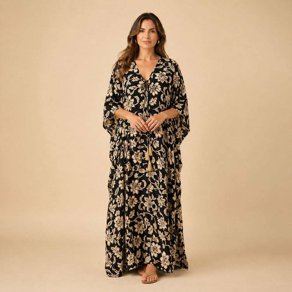 Maya Black Boho Cotton Rayon kaftan  - Sizes Available AU 16-30