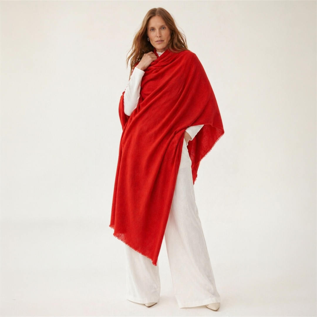 Red Julian handwoven pure Cashmere Travel Wrap