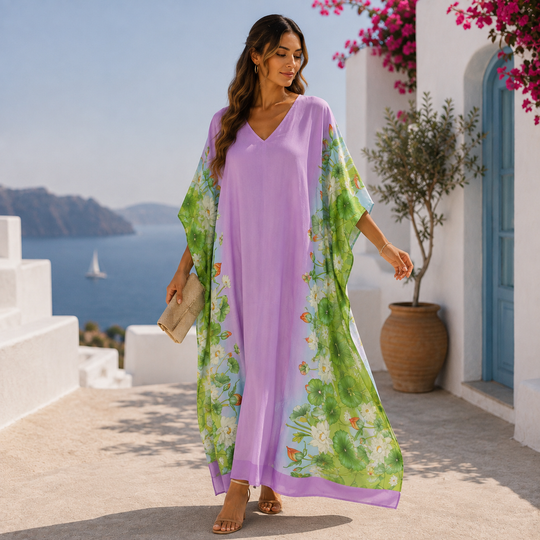Maya Dreamy Lilac Tropical Cotton Long Kaftan Sizes Available-AU 12-32