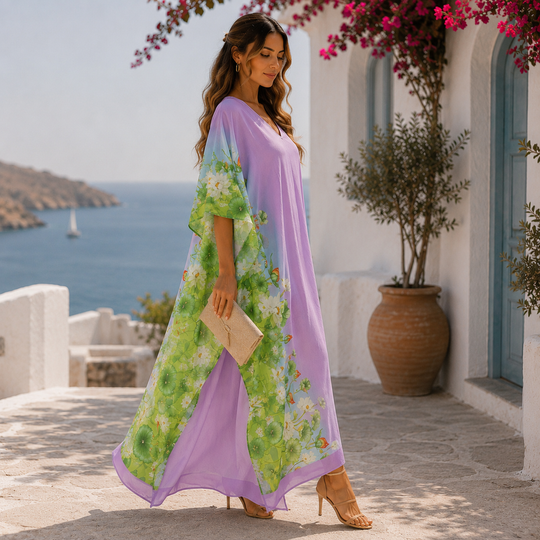 Maya Dreamy Lilac Tropical Cotton Long Kaftan Sizes Available-AU 12-32