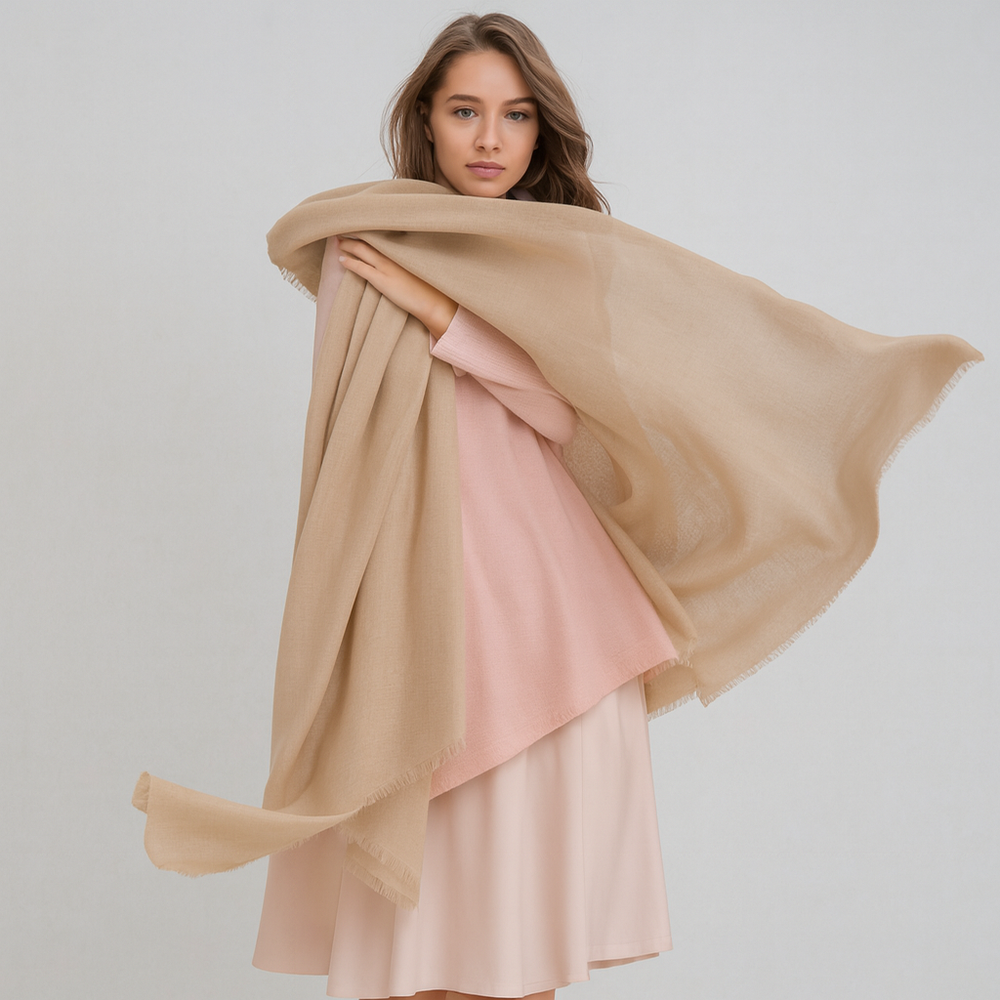Mist Beige Julian Oversized handwoven pure cashmere scarf