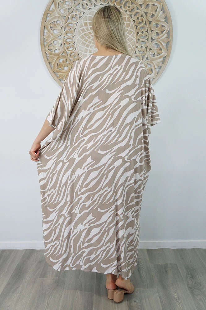 White Taupe Zebra Maya Long Kaftan One Size AU 12-26
