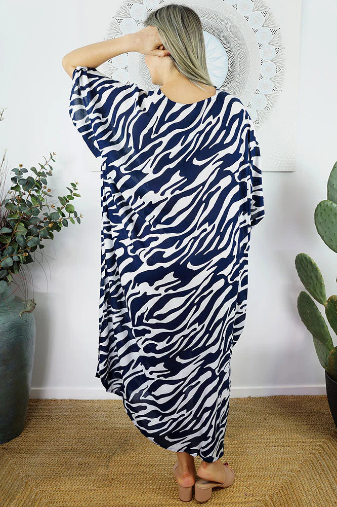 Navy Animal Maya Long Kaftan One Size AU 12-26