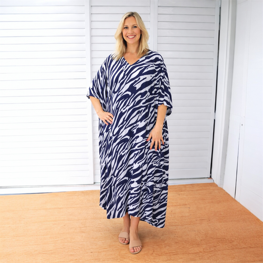 Navy Animal Maya Long Kaftan One Size AU 12-26