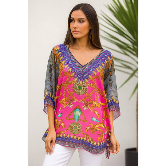 Kyra Relax Fit Bohemian Sheer Embellished  Kaftan Top One Size 10 to 20