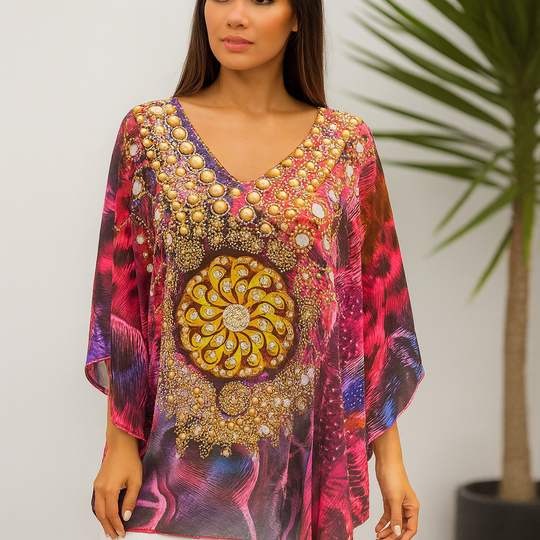 Kyra Relax Fit Bohemian Sheer Embellished  Kaftan Top One Size 10 to 22