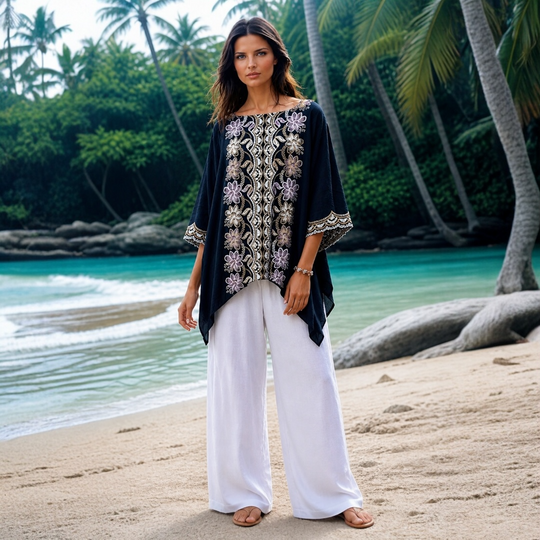 Black Embroidered Maya Top Tunic Kaftan O/S 14-22