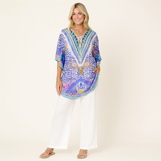 Lilac Kyra 100% Viscose Silk Embellished Tunic Top-AU 10-20