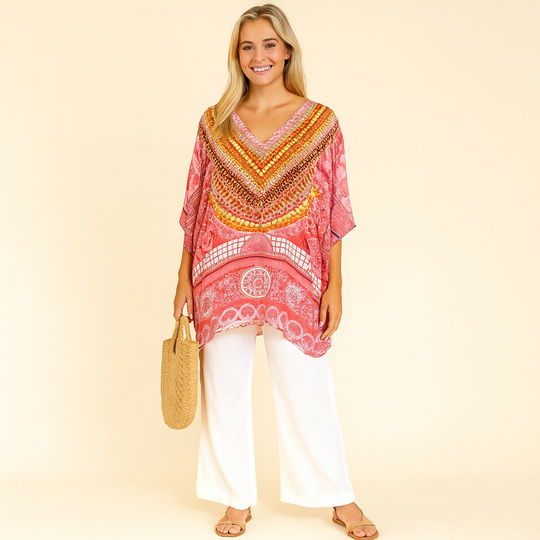 Kyra Bright Pink Viscose Silk Embellished Tunic Top