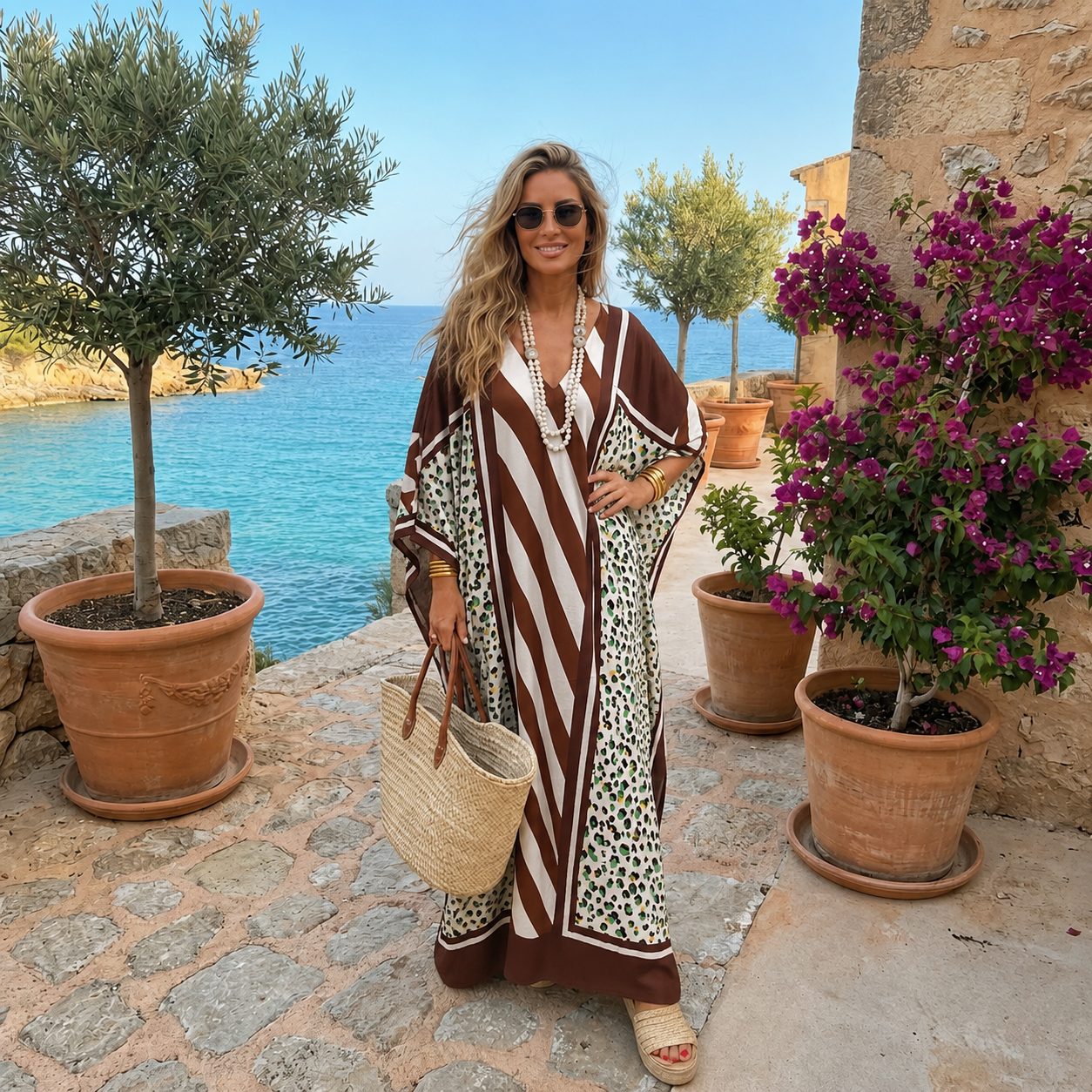 Maya Geo Brown Kaftan Dress - Sizes Available AU 12-32